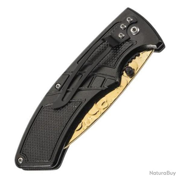 Couteau lame acier dor tte de mort manche bois acier 12cm