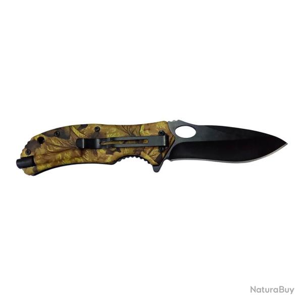 Couteau de chasse pliant lame acier inox noire 9cm forest kaki