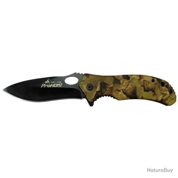 Couteau de chasse pliant lame acier inox noire 9cm forest kaki