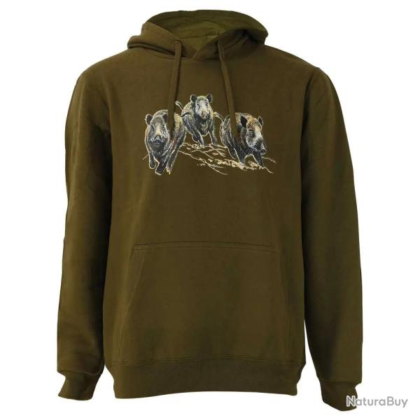 Sweat  capuche 3 sangliers coton polyester kaki M  3XL