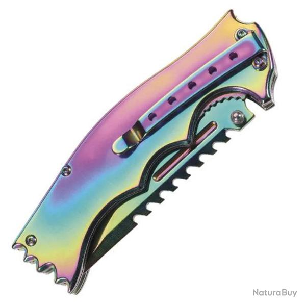 Couteau Rainbow lame dos crant acier manche acier 12cm