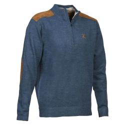 Pull Fox zipp&eacute; bleu acrylique laine empi&egrave;cements su&eacute;dine