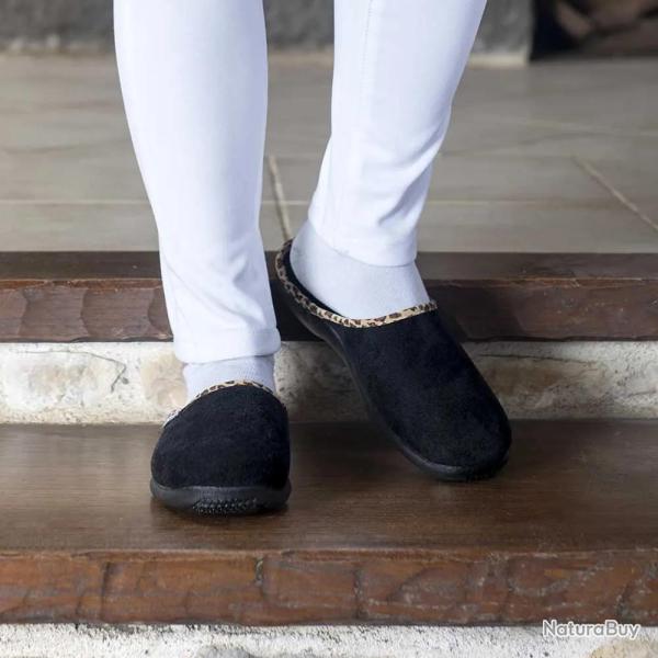 Chaussons mules Tara noirs effet pche bordure lopard textile