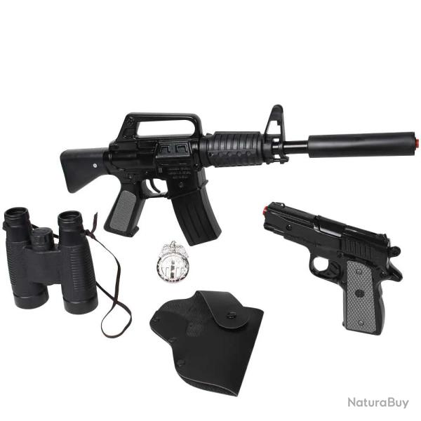 Set police enfant 5 accessoires mitraillette pistolet jumelles