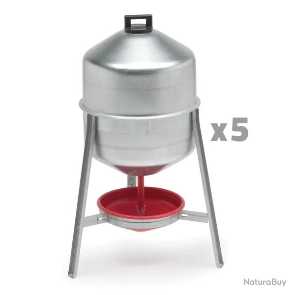 Lot de 5 Abreuvoirs poules et volailles m�tal galvanis� 30 L sur pieds