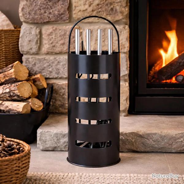 Valet de chemin�e m�tal noir 5 pi�ces Outils feu bois 65 cm