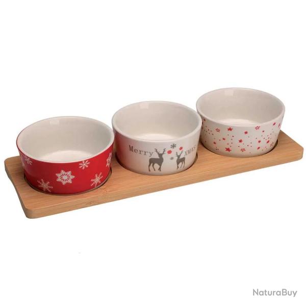 3 bols porcelaine No�l 8x4cm + plateau bambou 29x12cm
