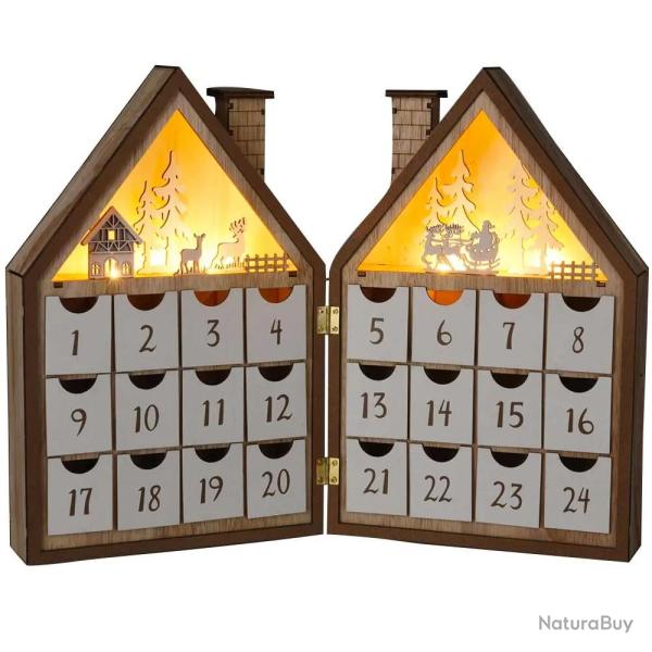 Maison calendrier avent bois peuplier 30cm 24 tiroirs LED blanc