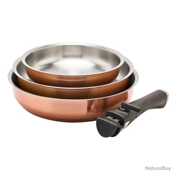 Set 3 po�les acier inox 20/24/26cm + manche amovible 496-816g