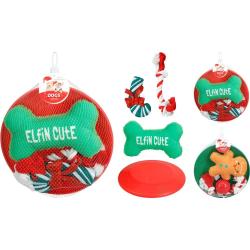Lot 4 Jouets No&euml;l Chien Peluche Pain d'&Eacute;pice Corde Disque Vol