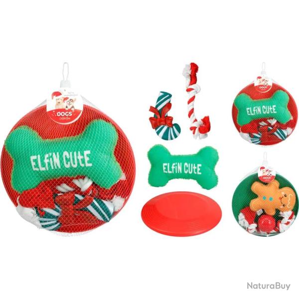 Lot 4 Jouets No�l Chien Peluche Pain d'�pice Corde Disque Vol