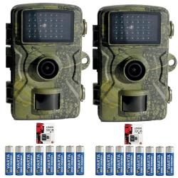 Lot de 2 cam&eacute;ras chasse 12 MP camouflage LEDs invisibles + 16 piles + 2 cartes SD