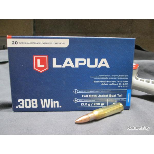 20 cartouches SUBSONIC LAPUA en .308 WIN balle FMJBT de 200 gn/13.0 g