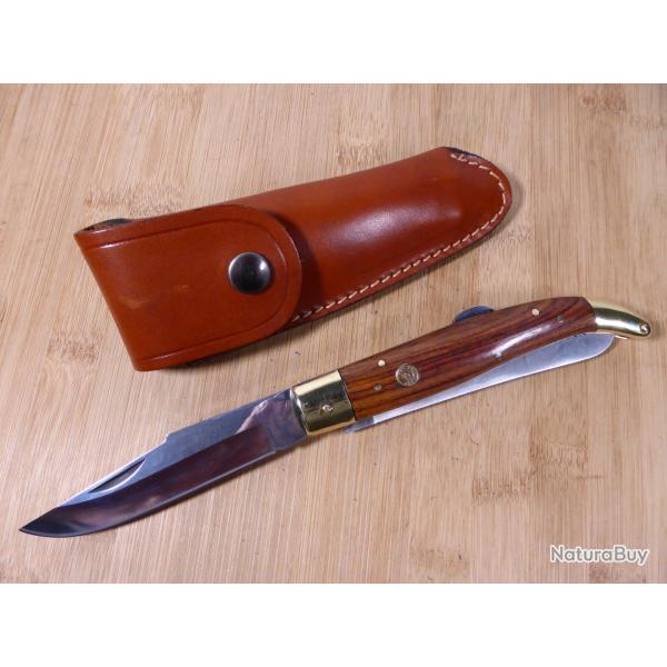 Couteau pliant de chasse ancien DAVID 2 pi�ces � POMPE INOX �tui cuir PROCHE NEUF