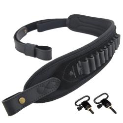 Bretelle Fusil Cuir Rembourr&eacute;e avec Porte-Cartouches R&eacute;glable + &Eacute;merillons pour Fusil /Carabine Noir
