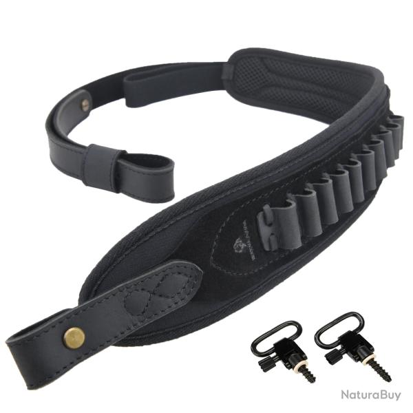 Sangle Fusil Porte-Coquilles Cuir Rembourr + Emerillons Porte-Munitions Rglable Noir