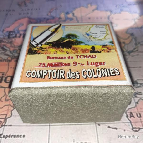 9 mm Parabellum (Comptoir des Colonies / Tchad  ): Reproduction boite munitions (vide) CoCo 14091834