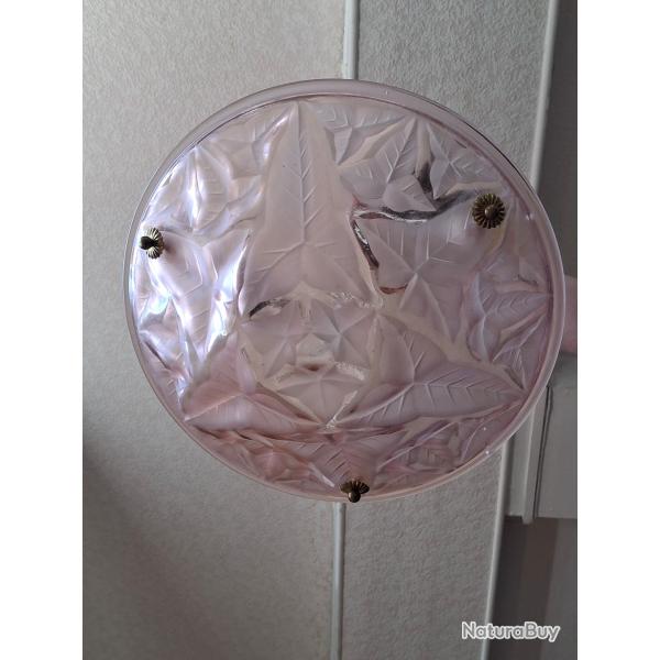 Suspension en verre teint� ros� Style Art D�co motif feuilles