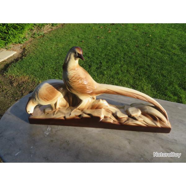 Ancienne grande sculpture en c�ramique verniss� repr�sentant un couple de faisans - (Vers 1920-30)