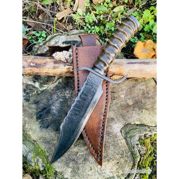 couteau bowie d'artisan / corne d'antilope / acier carbone 1095 , campement / bushcraft