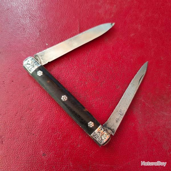 Ancien canif couteau de gentilhomme XIX� 2 lames oppos�es �caille Argent/acier