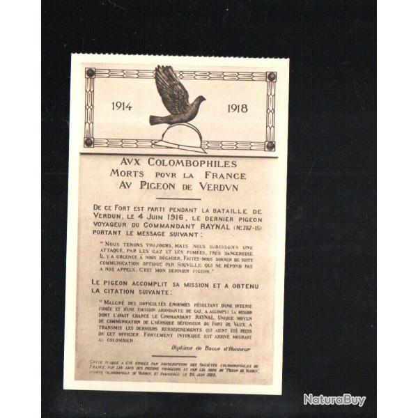 fort de vaux aux colombophiles mort pour la france , au pigeon de verdun , le dernier message