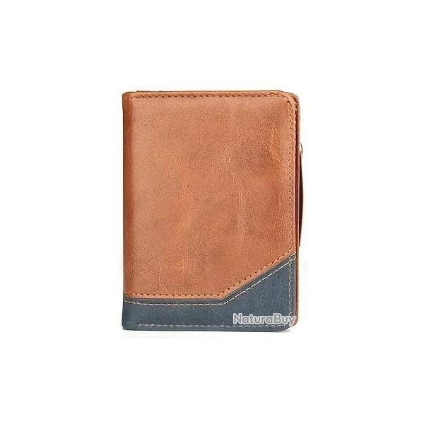 Portefeuille court en cuir Marron PU pour hommes - Fermeture �clair - Poche pour pi�ces de monnaie -