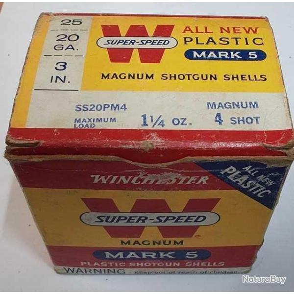 BOITE 25 CARTOUCHES MUNITIONS CHASSE WINCHESTER CALIBRE 20 MAGNUM 3IN 4 SHOT fin 70'S Categorie C