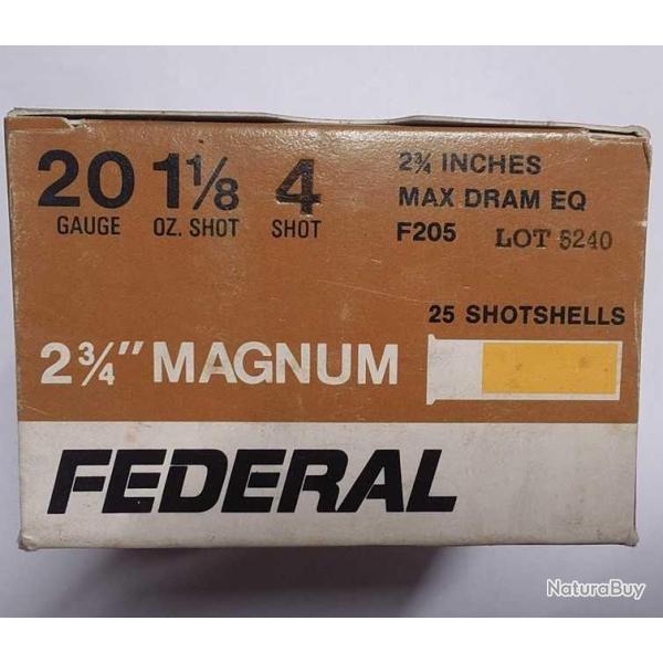 BOITE 25 CARTOUCHES MUNITIONS CHASSE FEDERAL CALIBRE 20 MAGNUM 2"3/4 fin 70'S Categorie C XX