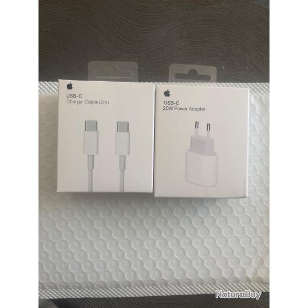 Chargeur rapide 20W usb-c plus c�ble usb-c 2M pour iPhone 15/16/17Neufs Scell�s Envoi rapide