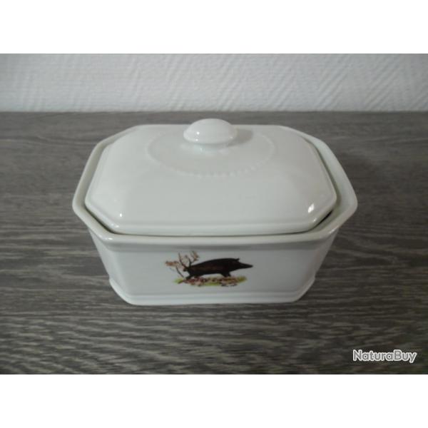 TERRINE PORCELAINE BLANCHE A FEU APILCO DECOR ANIMALIER GIBIER