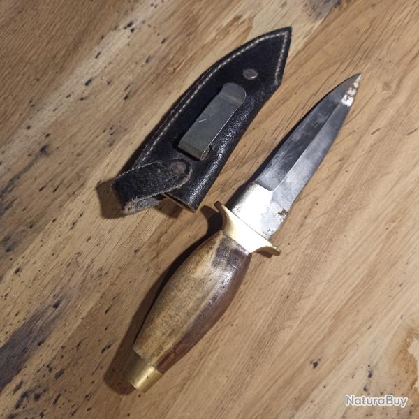 Petit couteau Poignard de chasse ou de v�nerie poign�e bois bicolore avec son �tui cuir