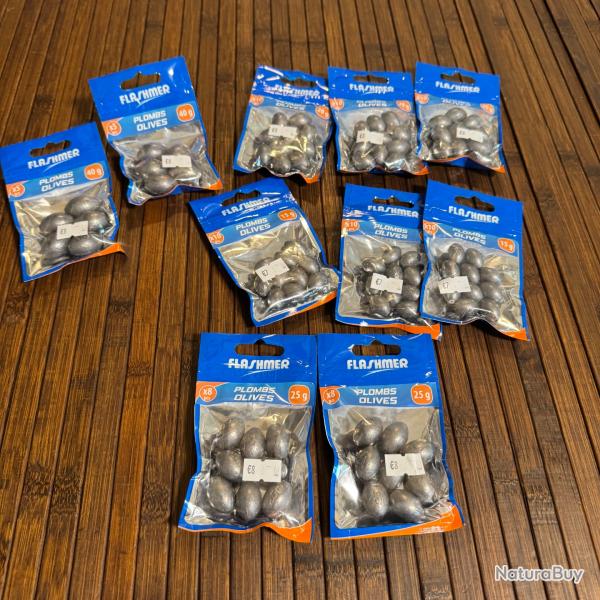 IMPORTANT LOT DE PLOMB DE P�CHE OLIVE FLASHMER 2x40g - 3x20g -3x15g 3x25g