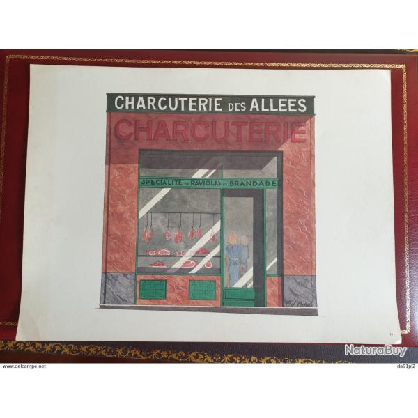 Grande lithographie Charcuterie Catherine d'Ortoli sign�e dans la planche � encadrer