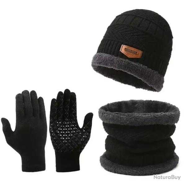 Ensemble hiver chaud 3 pi�ces bonnet doubl� polaire gants �charpe unisexe Noir