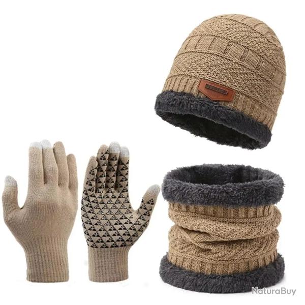 Ensemble hiver chaud 3 pi�ces bonnet doubl� polaire gants �charpe Beige