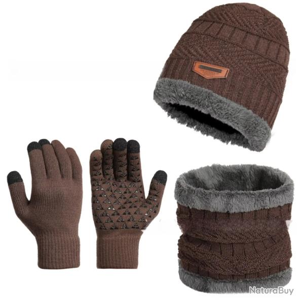 Ensemble hiver chaud 3 pi�ces bonnet doubl� polaire gants �charpe Marron