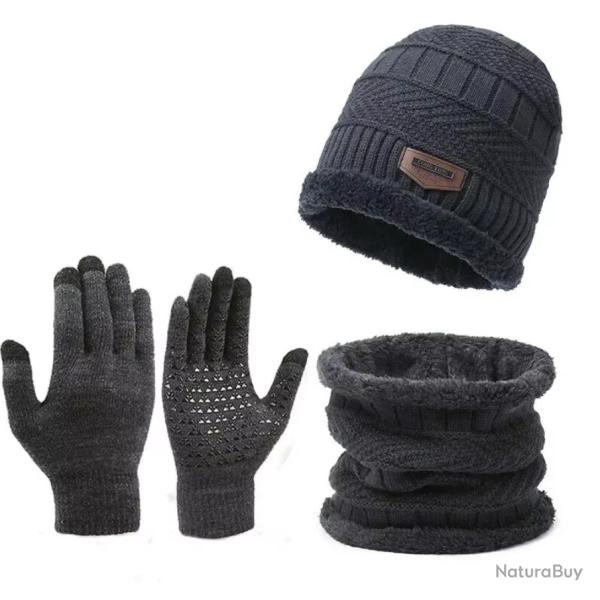 Ensemble hiver chaud 3 pi�ces bonnet doubl� polaire gants �charpe Gris