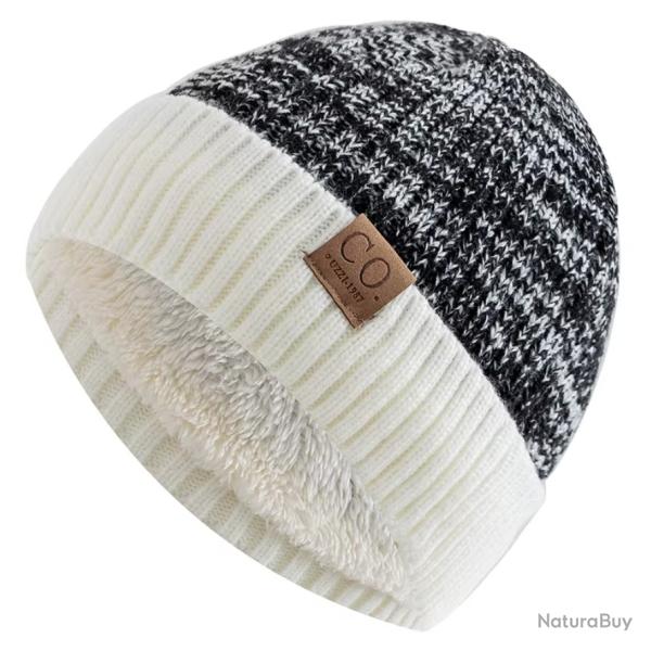 Bonnet hiver chaud doubl� polaire bicolore unisexe - tricot �pais Noir Blanc