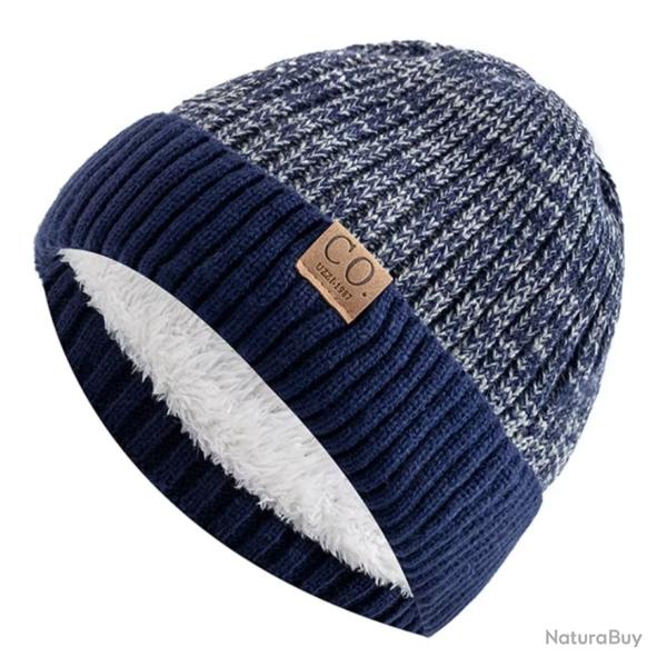 Bonnet hiver chaud doubl� polaire bicolore unisexe - tricot �pais Noir Bleu