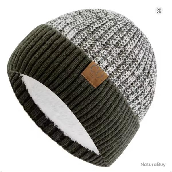 Bonnet hiver chaud doubl� polaire bicolore unisexe - tricot �pais Vert