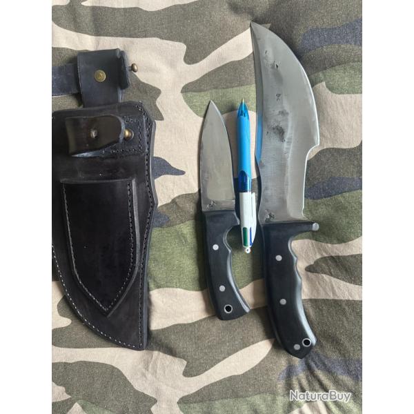 Couteau artisanal tracker + couteau compagnon + �tui en cuir