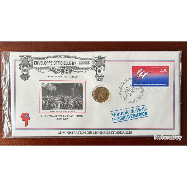 Enveloppe 1 premier jour d�mission du bicentenaire de la r�volution fran�aise timbre + pi�ce.
