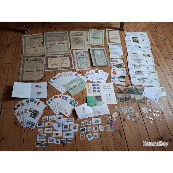 Lot actions, billets, enveloppes 1er jour, timbres, monnaies, cartes postales,..
