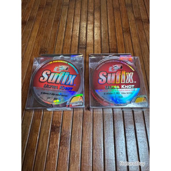 LOT P�CHE DESTOCKAGE 2 BOBINES Nylon Sufix Ultra Knot Rose et  Orange - 150M-0,16mm