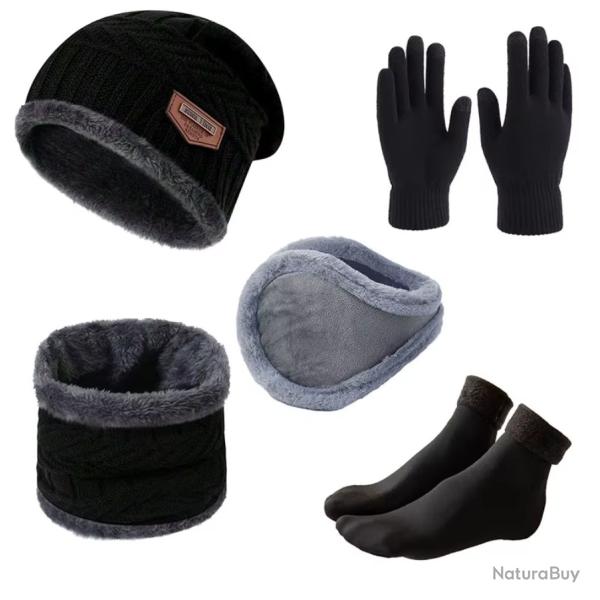 Ensemble hiver homme 5 pi�ces - Bonnet, gants, �charpe, chaussettes chaudes Noir