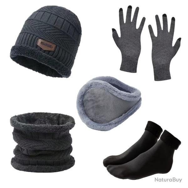 Ensemble hiver homme 5 pi�ces - Bonnet, gants, �charpe, chaussettes chaudes Gris
