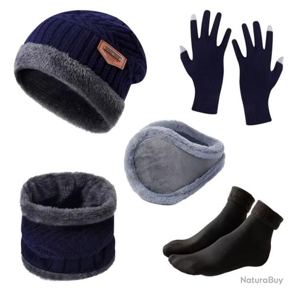 Ensemble hiver homme 5 pi�ces - Bonnet, gants, �charpe, chaussettes chaudes Bleu