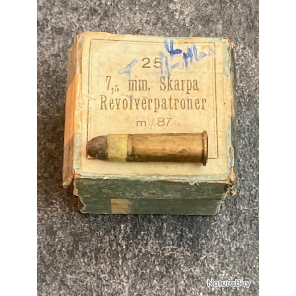 Boite de 25 cartouches 7.5 mm Nagant Sude 1885 et compatible 7.5 mm Suisse 1882  - TRS RARE