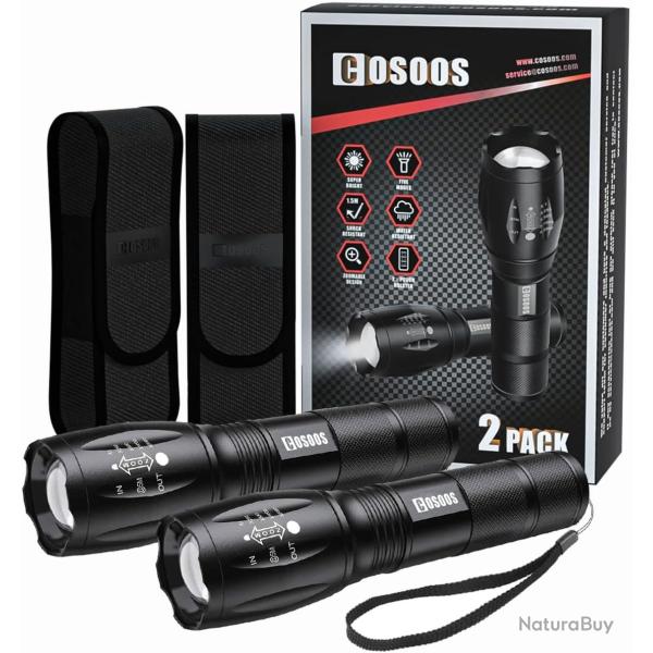 Lampe Torche LED Tactique 2 Pcs 1000 Lumens Lot de 2 Batteries �tui �tanche IPX4 Zoomable 5 Modes